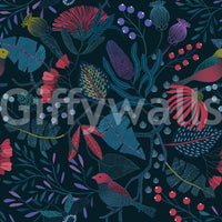 Wonderforest wallpaper close-up showing crimson flowers, teal leaves, purple berries and small birds on navy