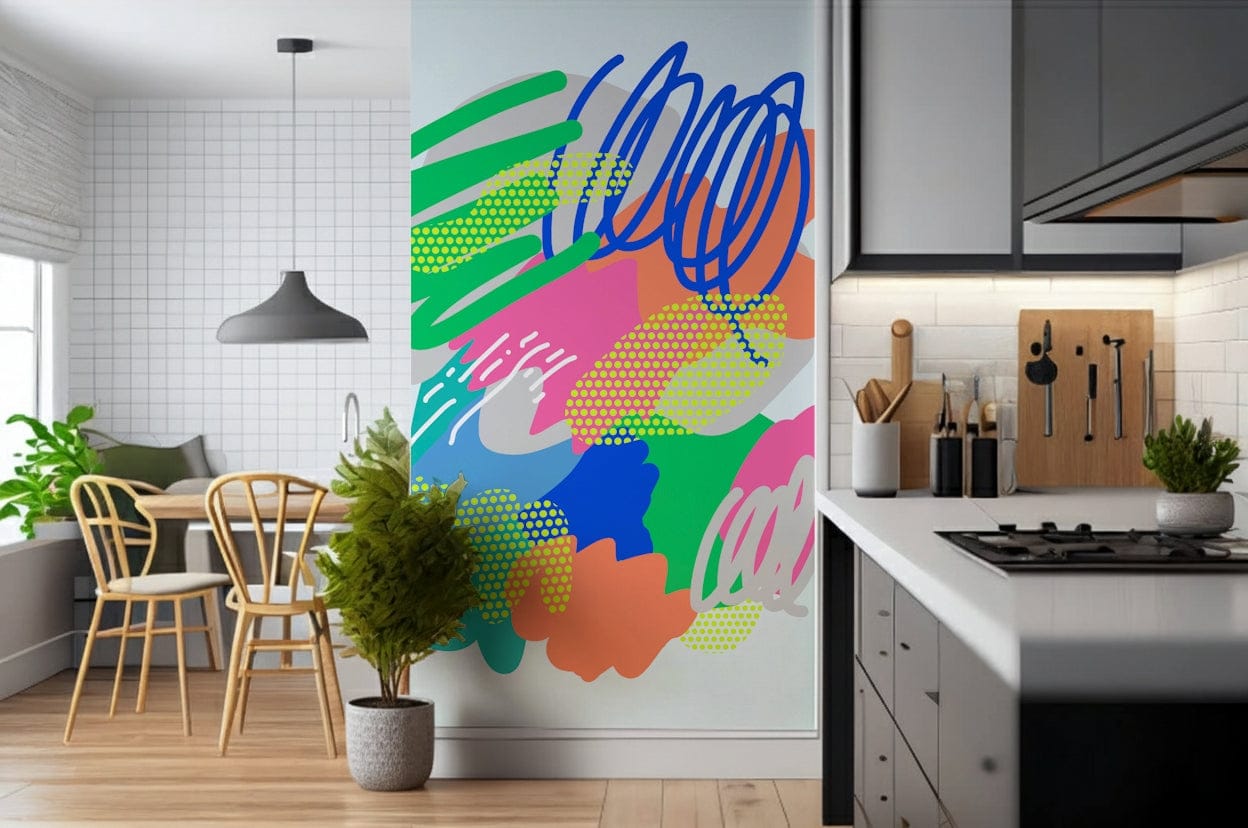 A statement wallpaper with playful paint marks, bold scribbles, and neon-inspired textures.
