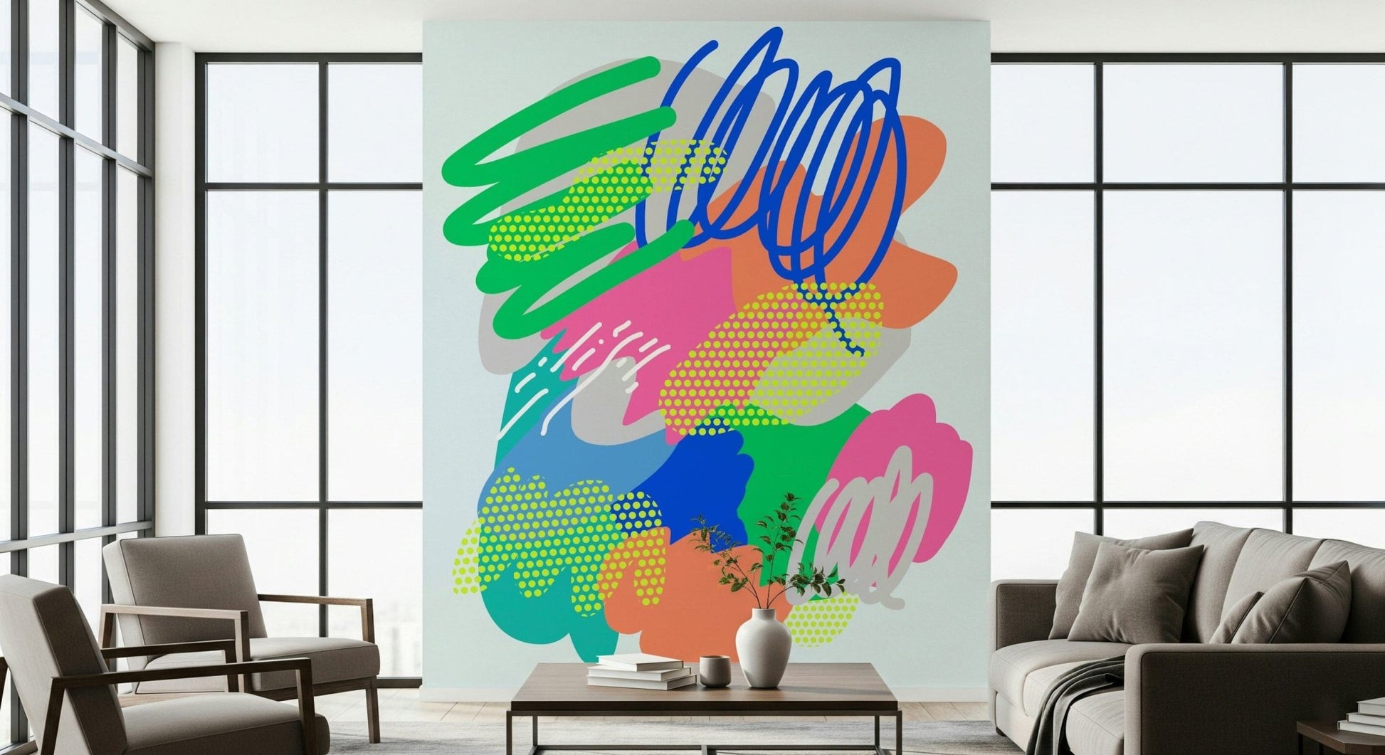 A vibrant abstract wallpaper featuring bold scribbles, paint strokes, and colorful dot patterns.
