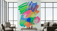 A vibrant abstract wallpaper featuring bold scribbles, paint strokes, and colorful dot patterns.