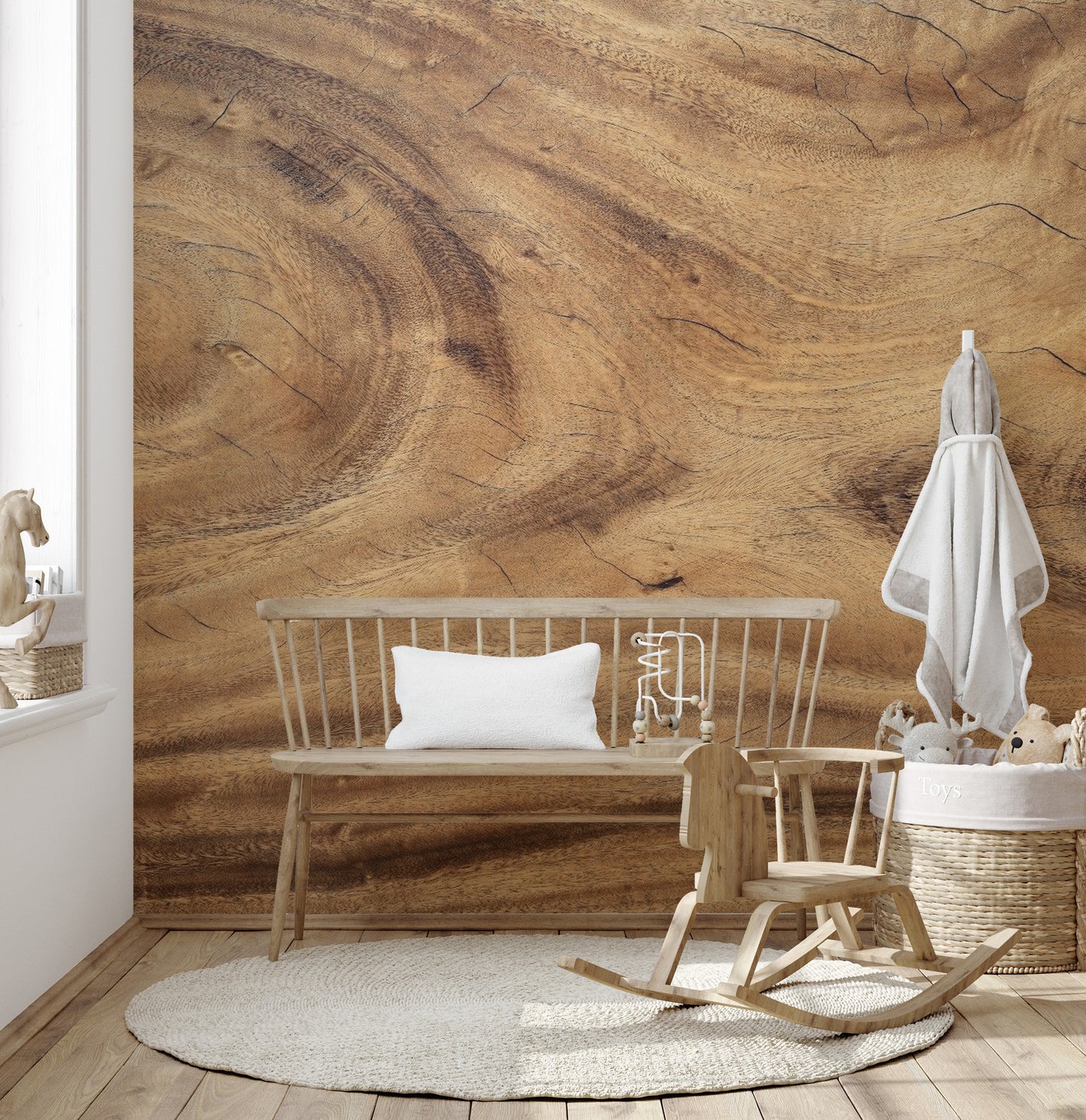 Realistic pine wood slats wallpaper for a cabin feel.