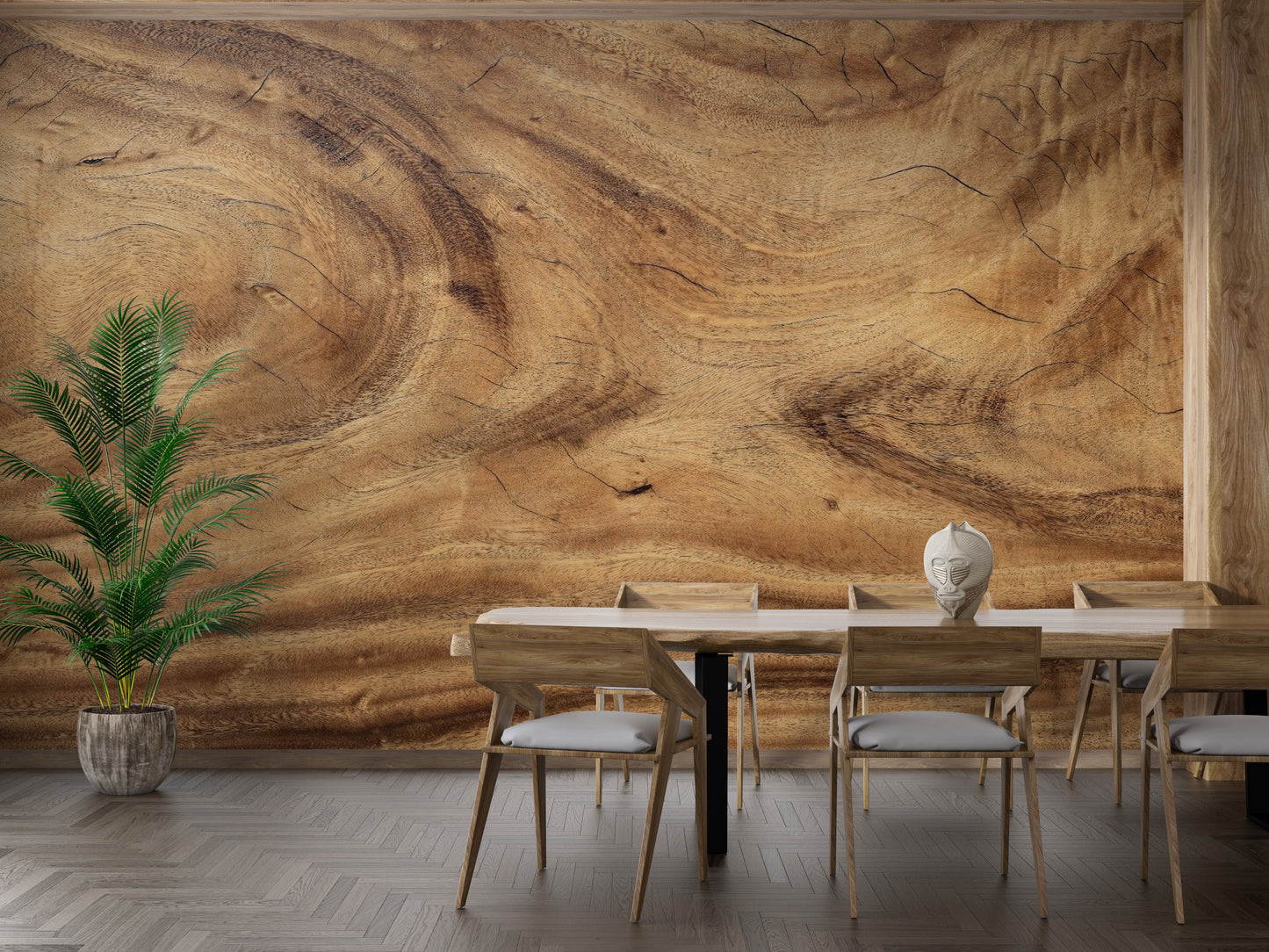 Modern herringbone wood pattern wallpaper in soft grey.