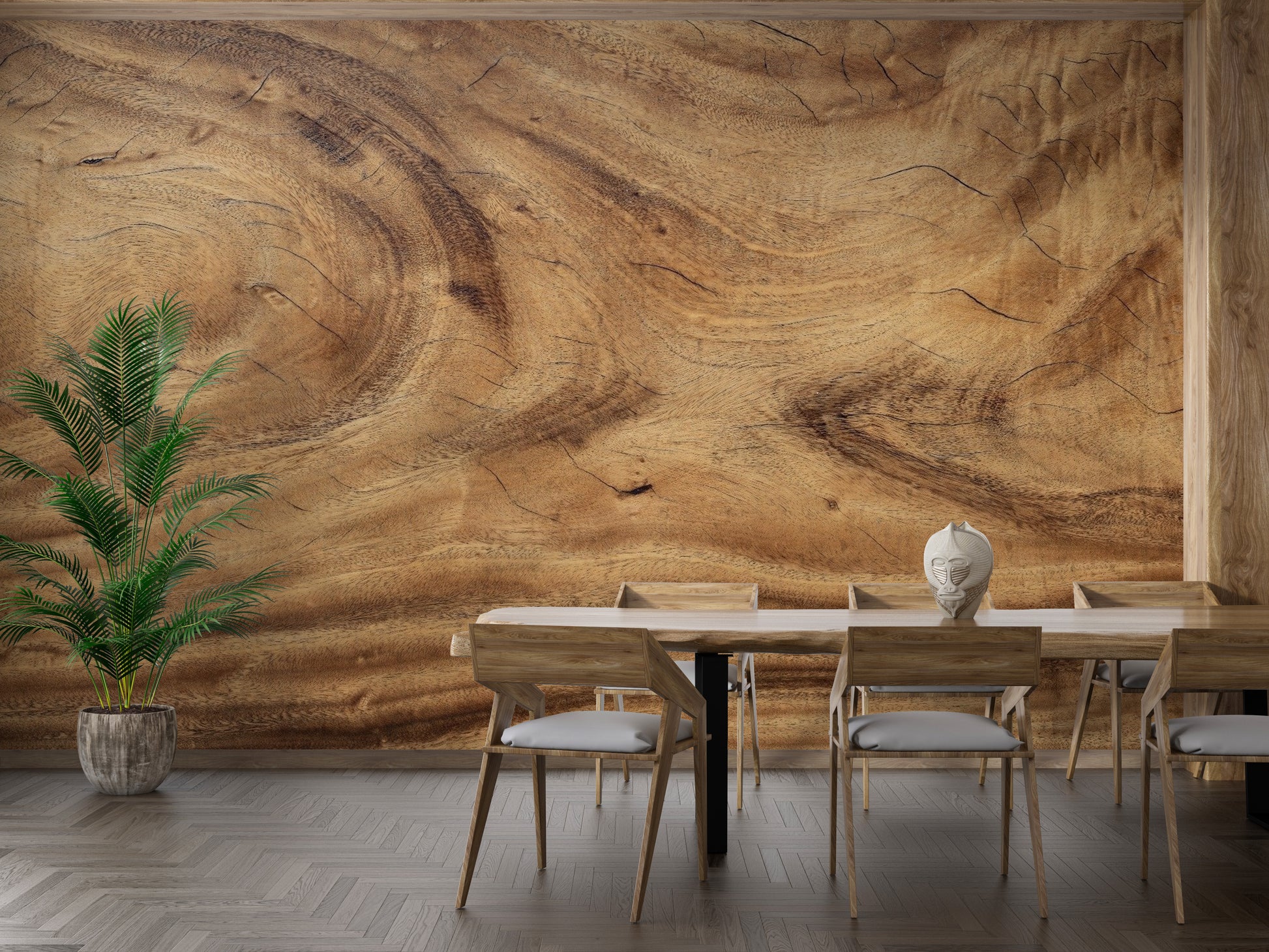 Modern herringbone wood pattern wallpaper in soft grey.