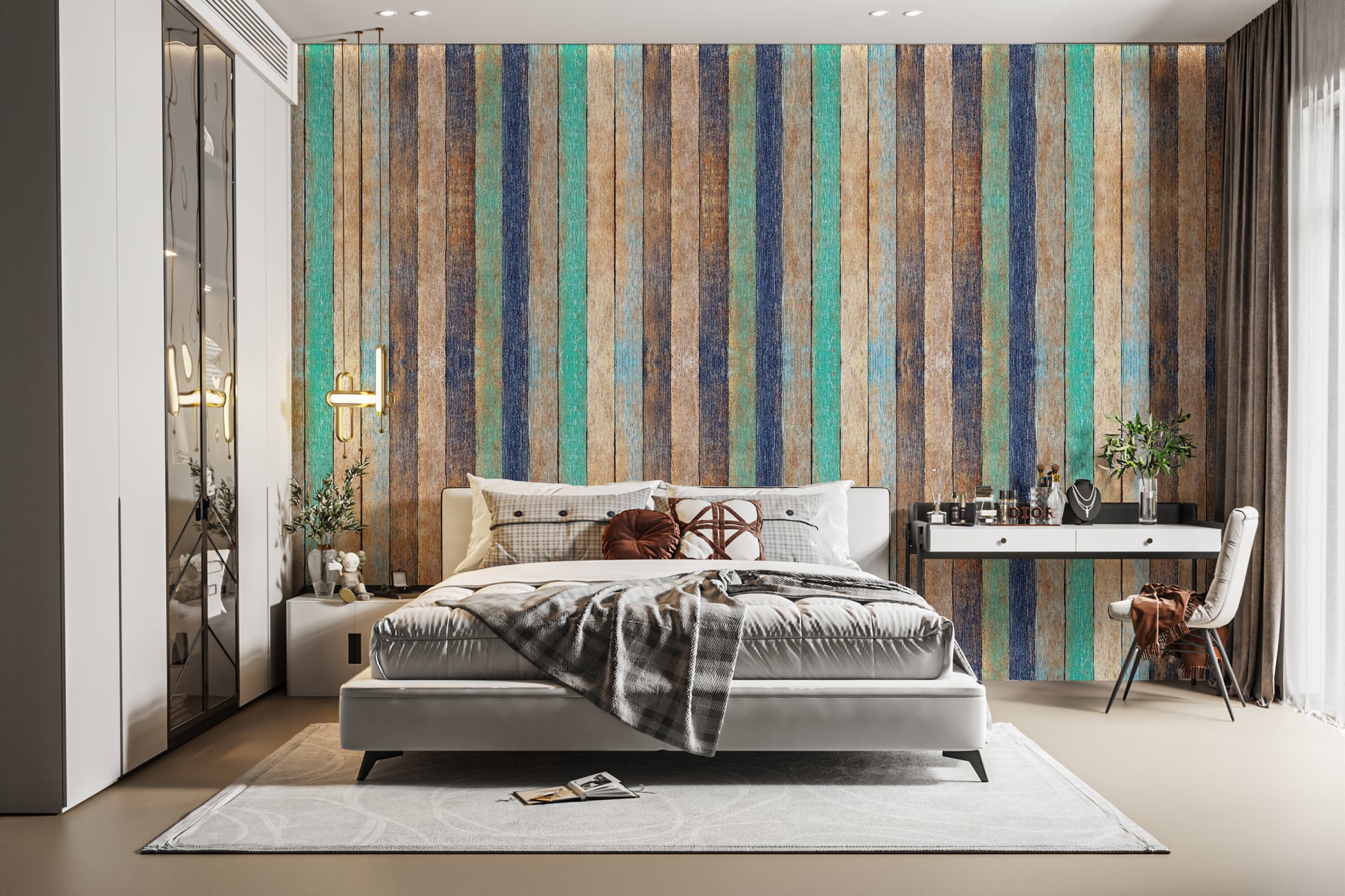 Dark walnut effect wall mural with horizontal stacked timber panels for bedroom wallpaper.