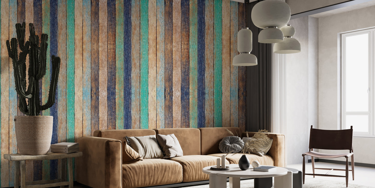 Multi-tonal scrap wood wallpaper for a hallway creative and recycled aesthetic 
