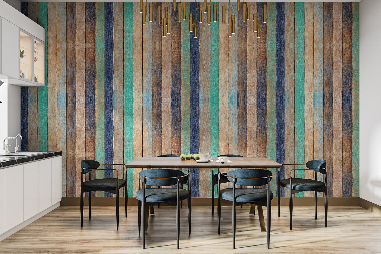 Golden cedar plank wallpaper mural creating a warm and inviting backdrop.