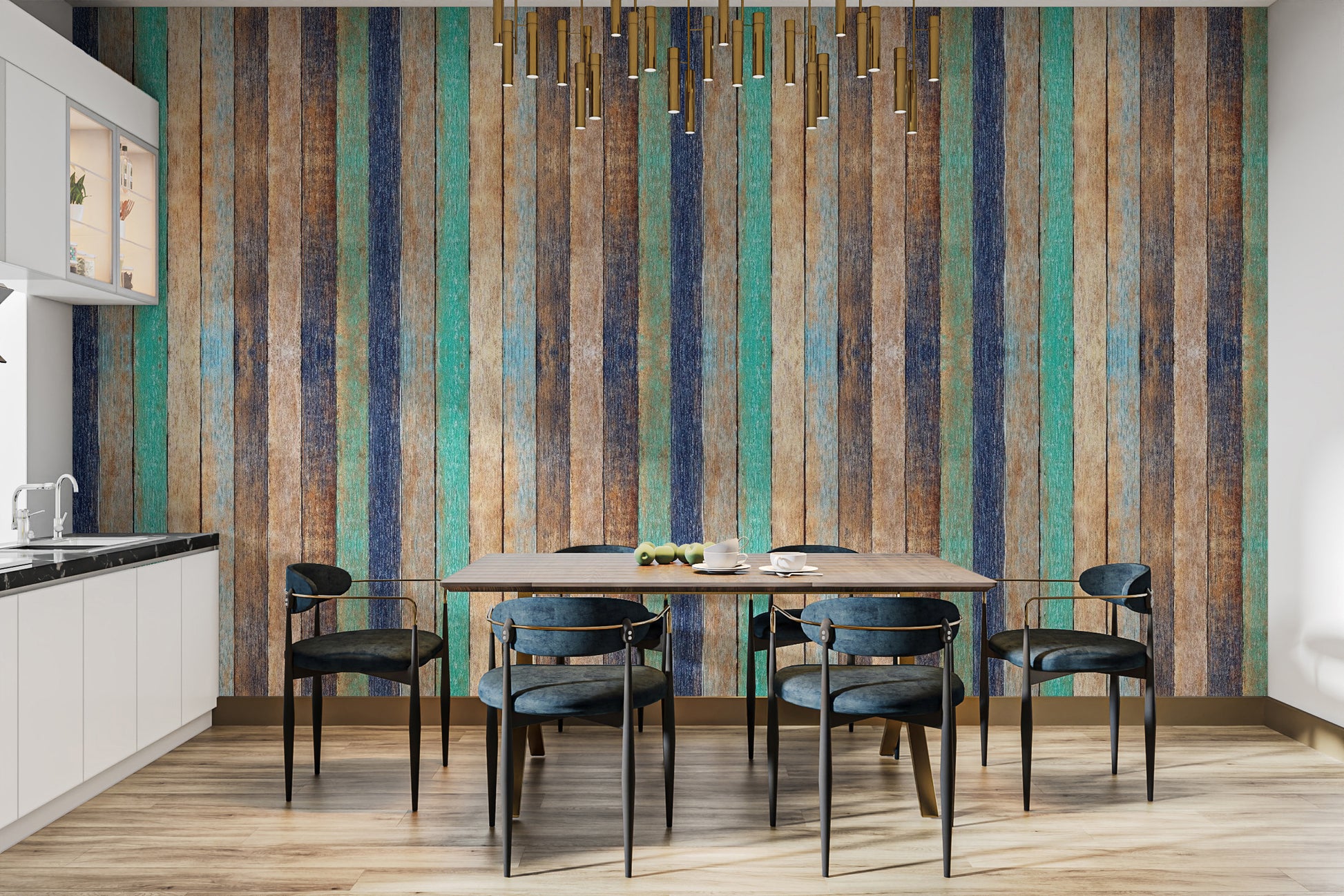 Golden cedar plank wallpaper mural creating a warm and inviting backdrop.