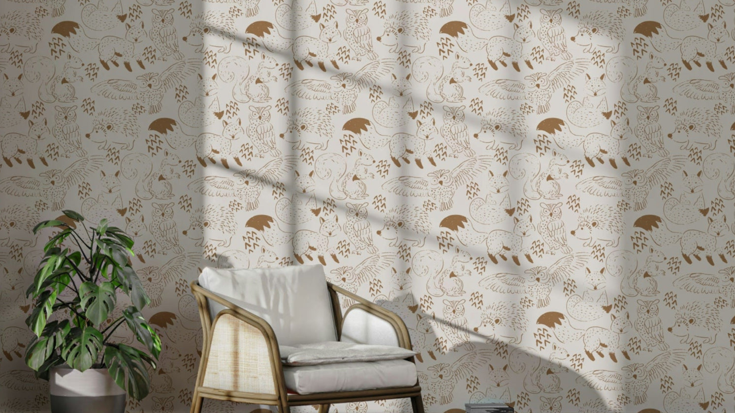 Woodland animal wallpaper in neutral brown tones

