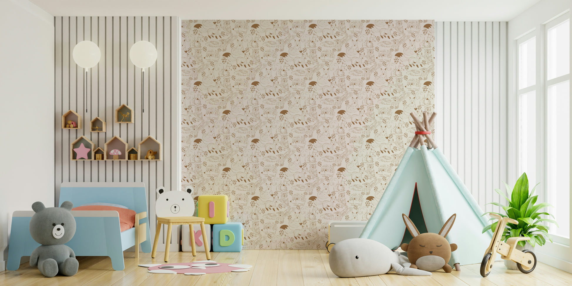 Soft brown wallpaper with illustrated forest animals

