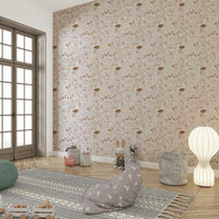 Neutral brown wallpaper featuring woodland animals

