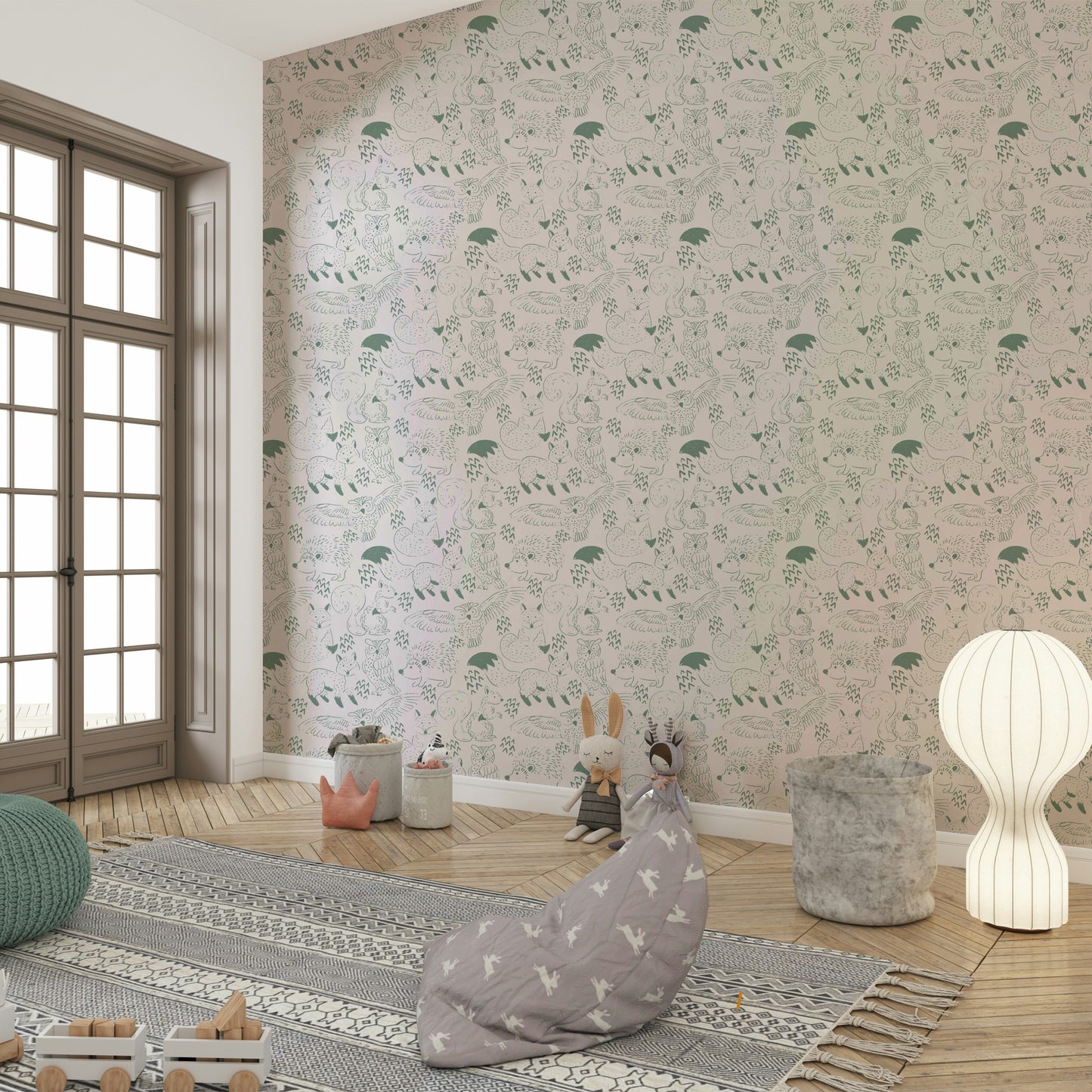 Whimsical wallpaper with animals and greenery

