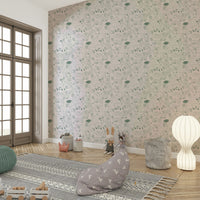 Whimsical wallpaper with animals and greenery

