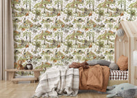 Gentle creature wall mural: Squirrel, bunnies, small blooms, captivating detail.
