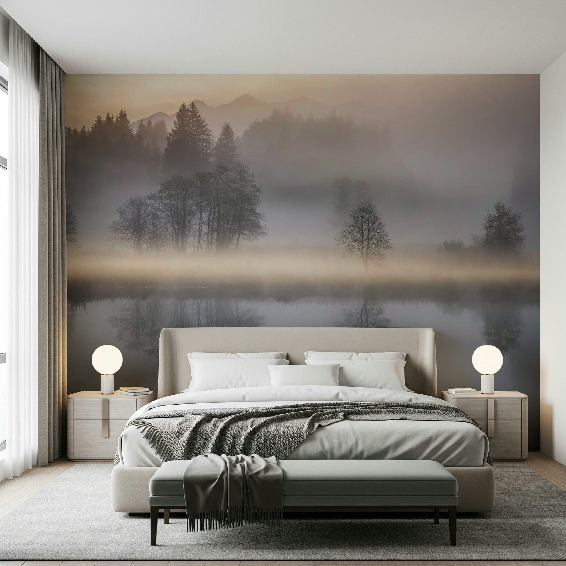 Quiet forest reflection, calming mist, stillness and balance, meditative space.
