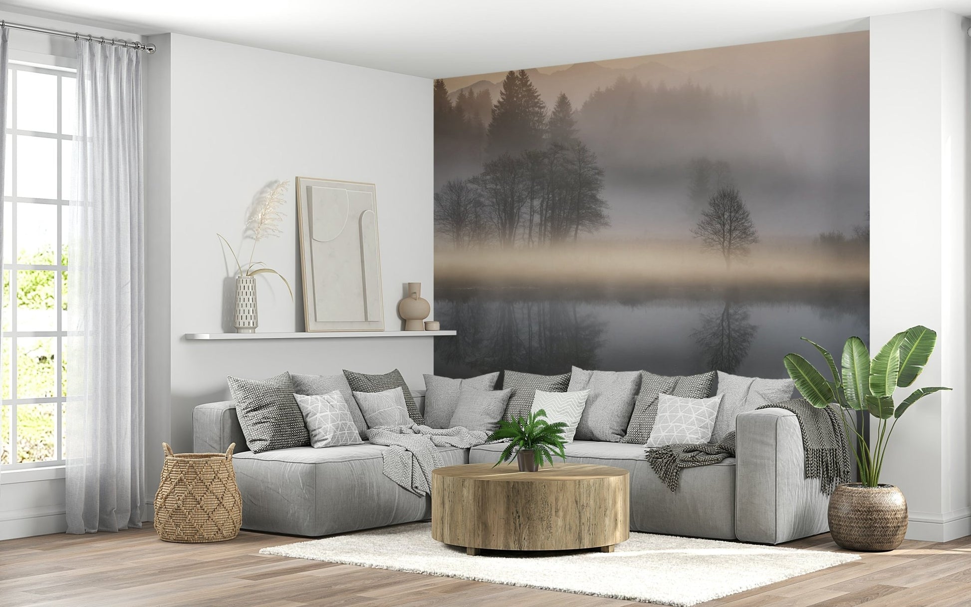 Magical dawn lake view, Woodland Dawn Reflection, serenity, high-quality print.