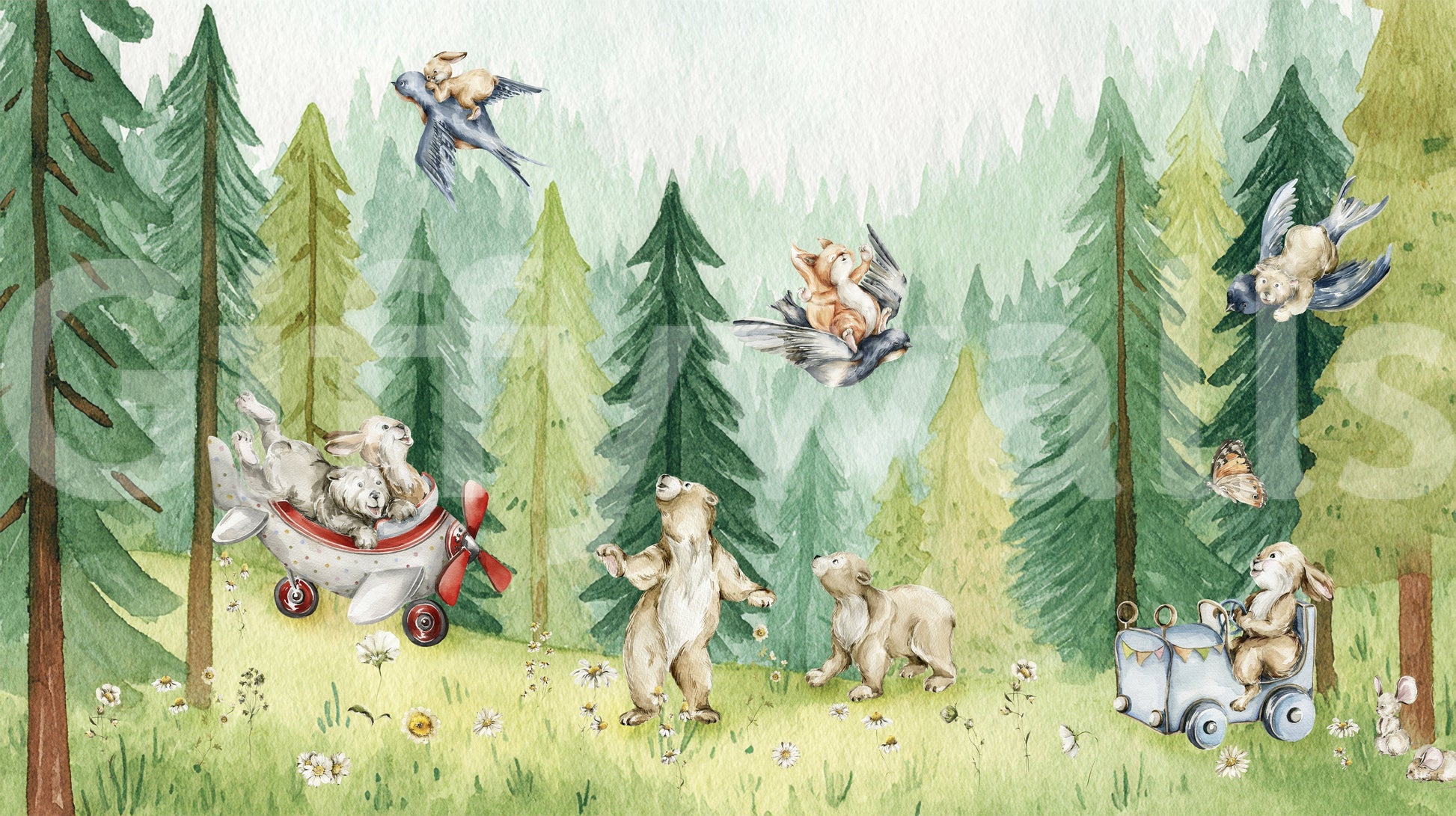 Charming watercolor wallpaper with woodland creatures taking off.