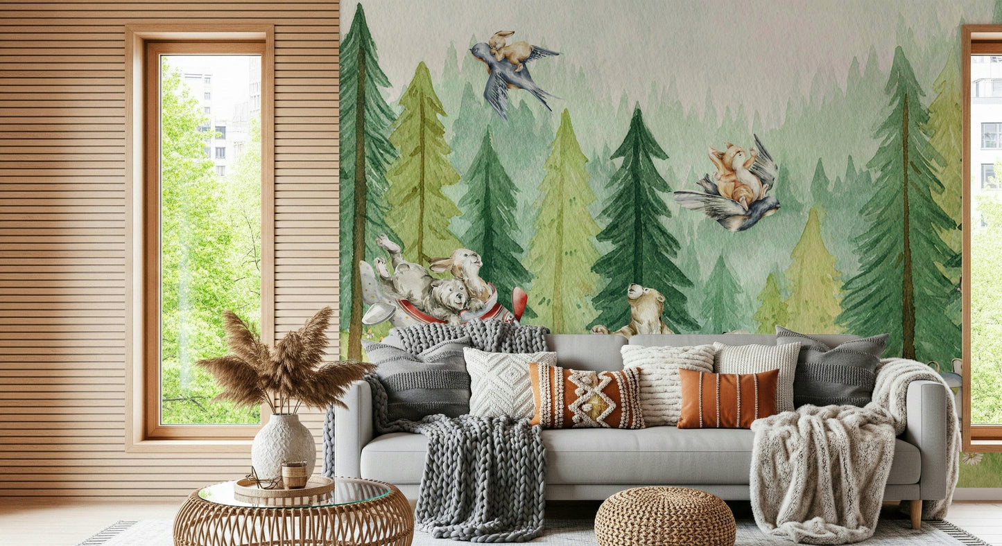 Playful bunny and bear wallpaper for walls, whimsical outdoor adventure.