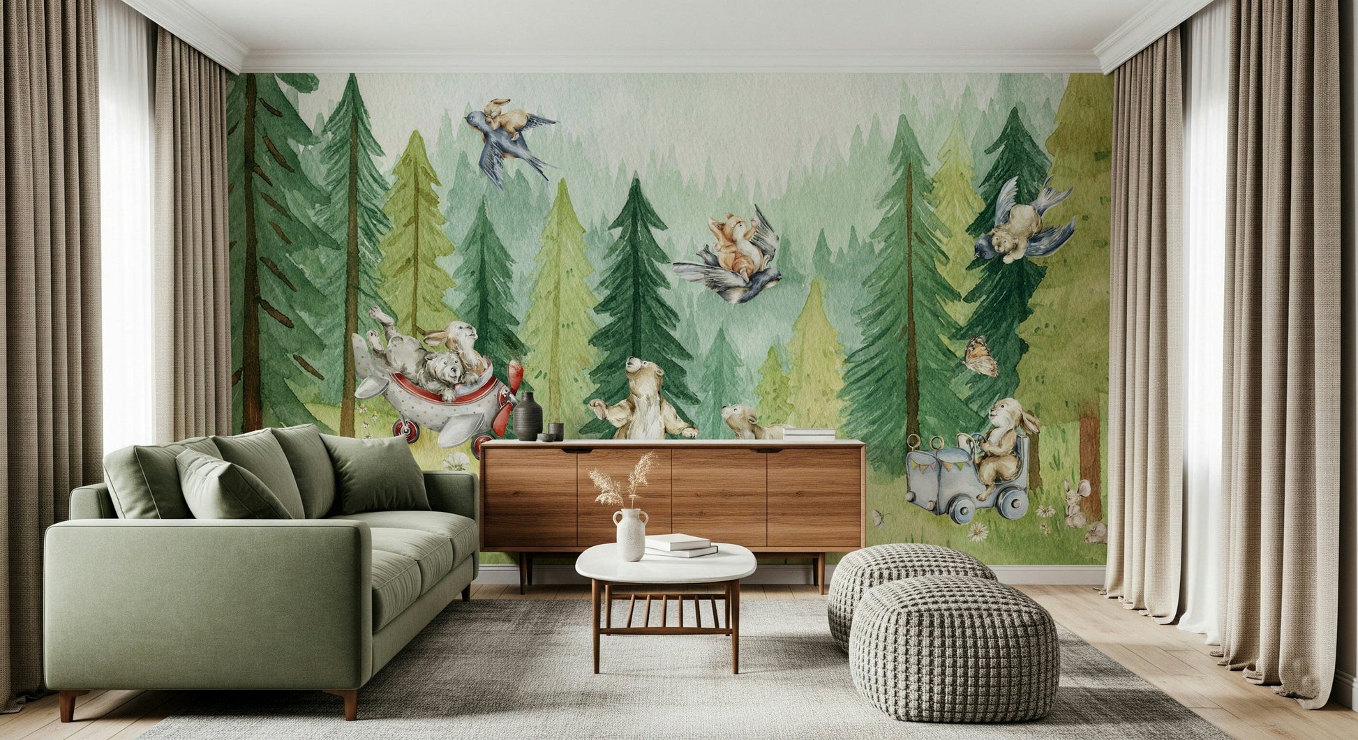Baby nursery wallpaper of bunnies, bears, and birds in a green forest.
