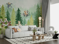 Children's room mural with charming forest animals and aviation fun.