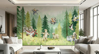 Forest Friends Take Flight mural wallpaper featuring cute bears and bunnies.