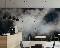 Wall mural, Woodland Flock in Fog, yellow leaves, cloudy, majestic.