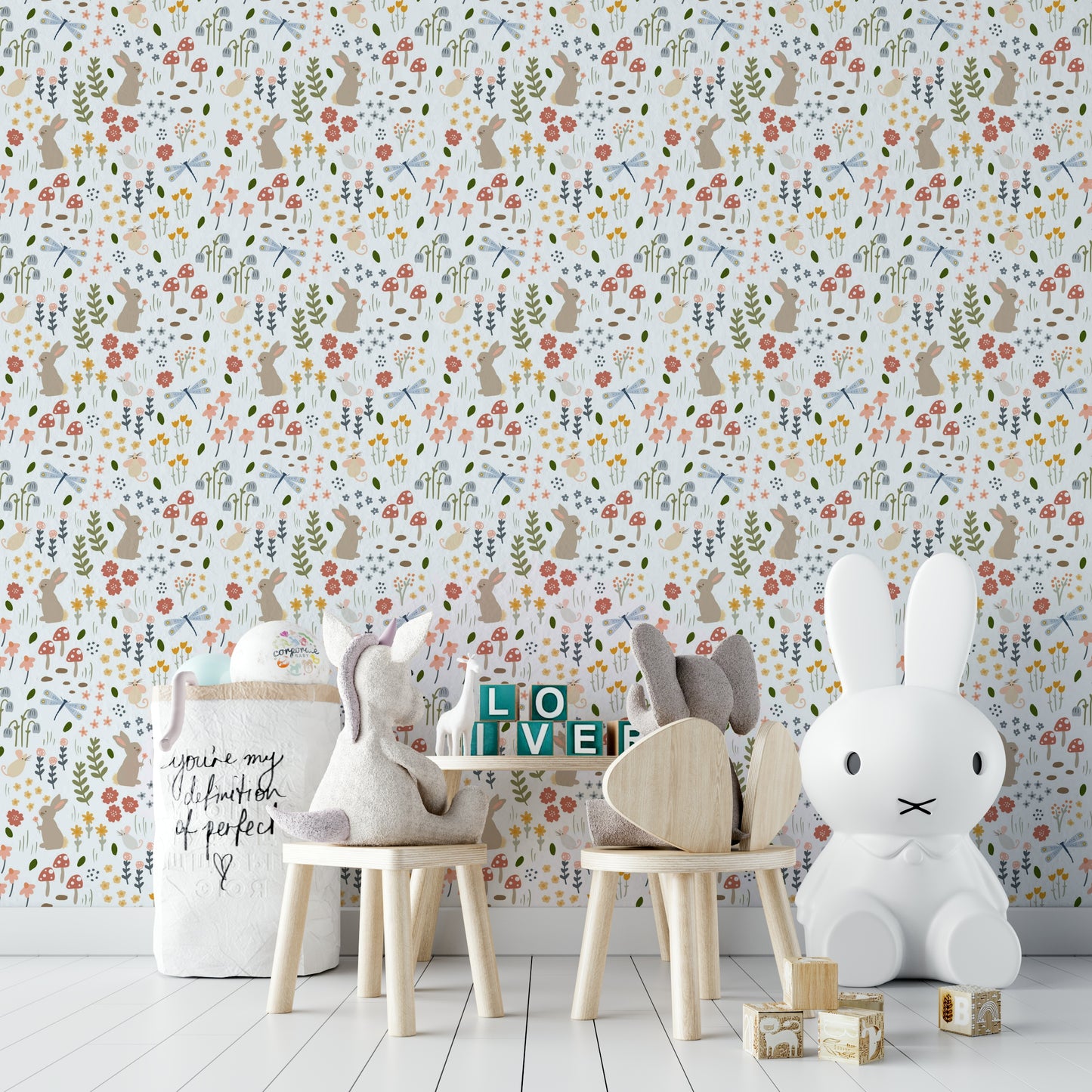 Hand-drawn woodland floral wall mural


