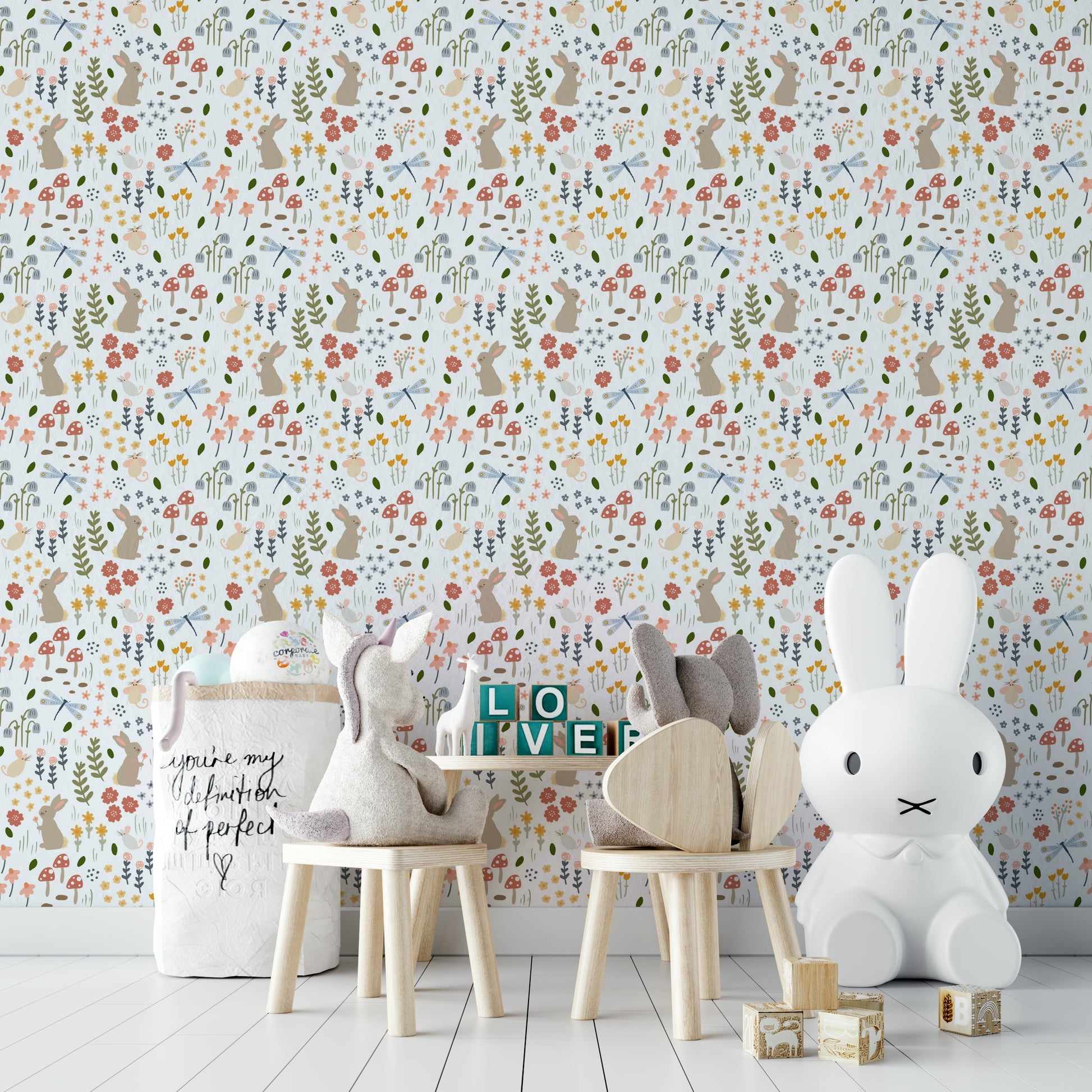 Hand-drawn woodland floral wall mural


