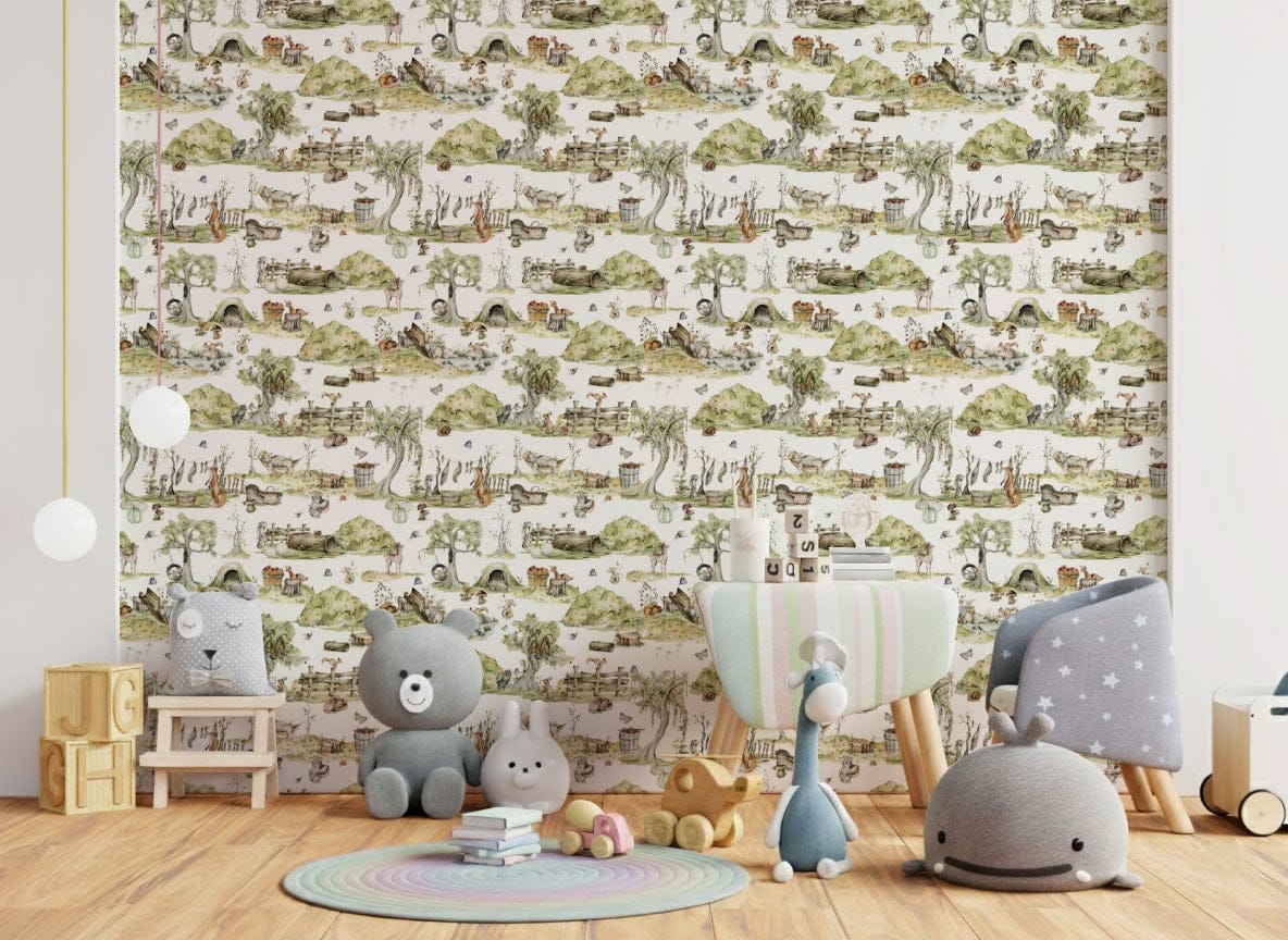 Whimsical Woodland Friends wall covering soft green nature scene.