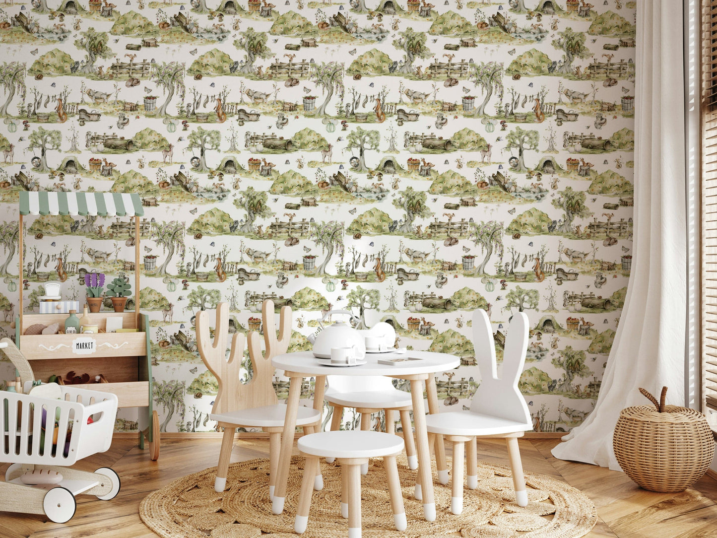 Cozy nursery wallpaper Whimsical Woodland Friends hand-painted animal mural.