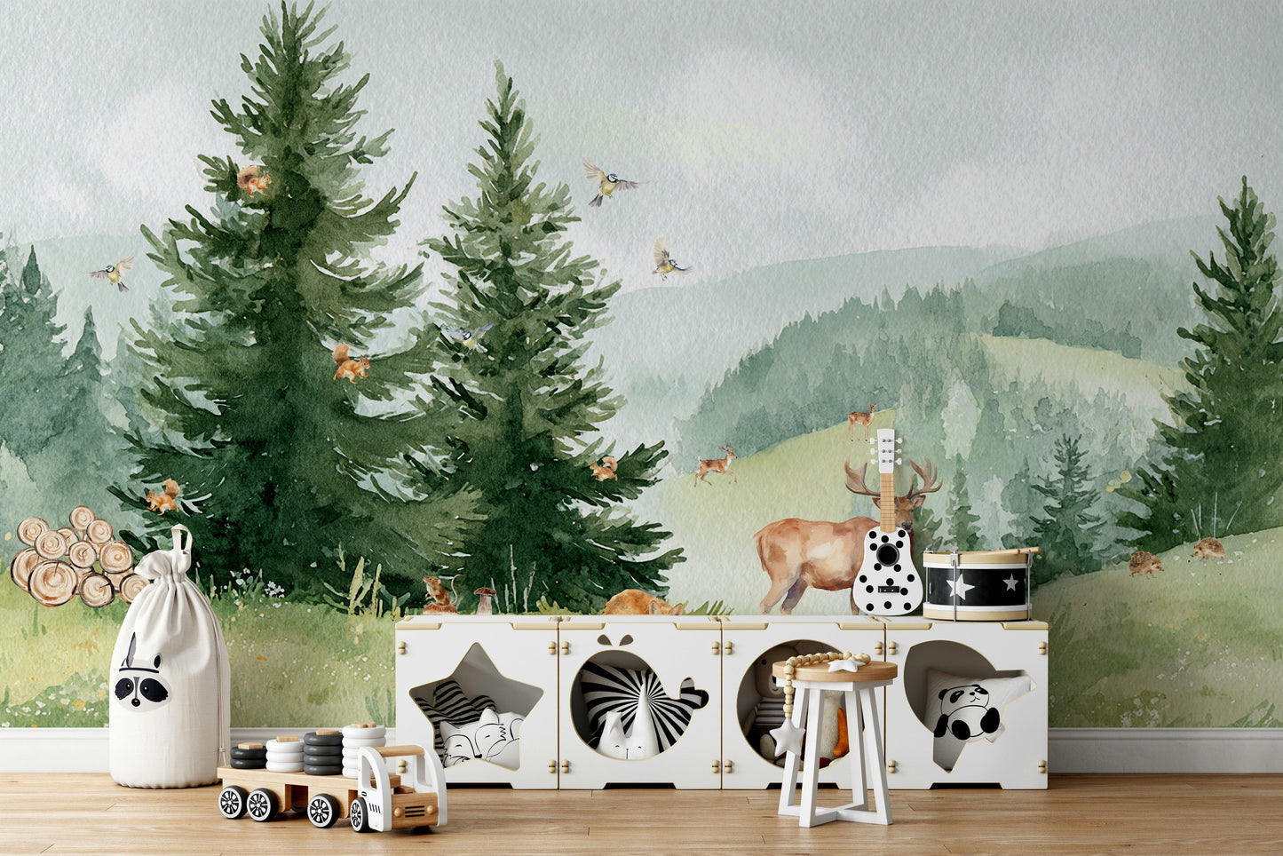 A forest animal mural with an adventure theme.