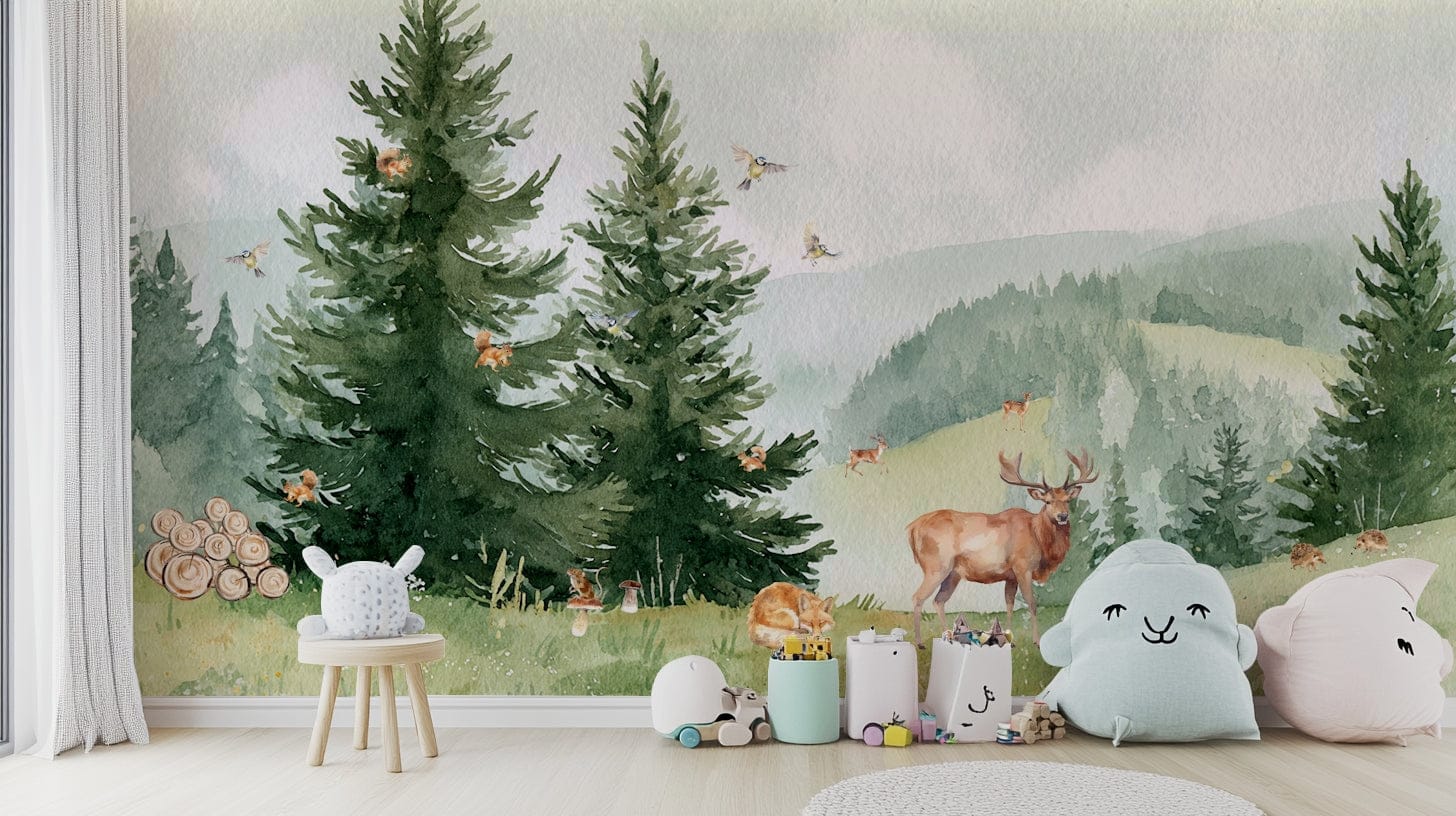 A playful mural with woodland creatures.