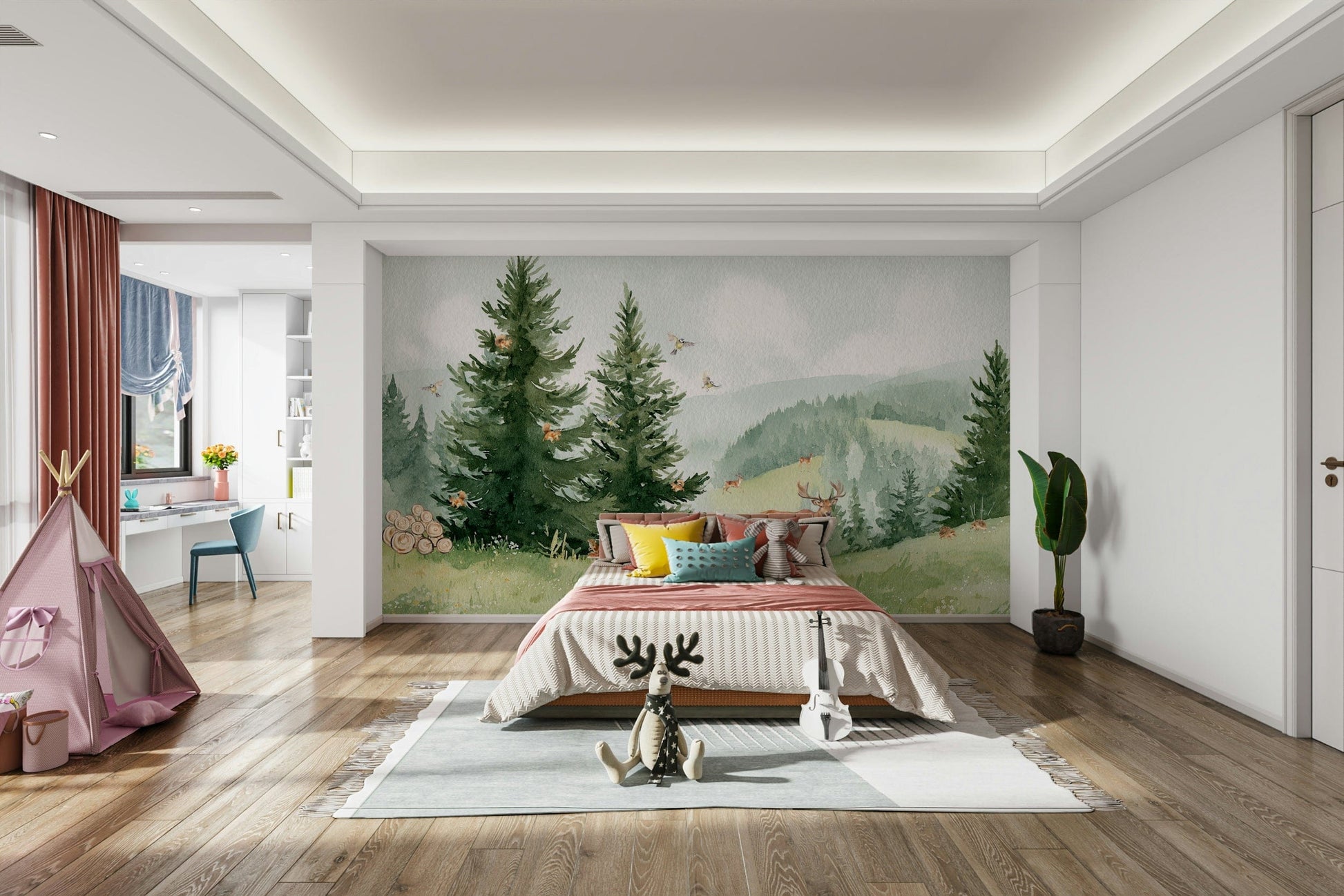 An interior view showing a wall decorated with a Woodland Friends Adventure Wall Mural.