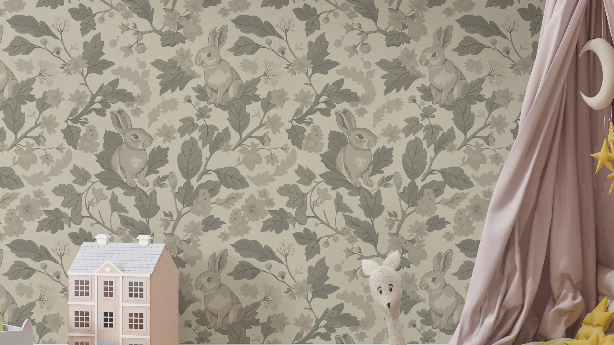 Woodland Garden Natural Beige wallpaper mural with rabbits and foliage behind a dollhouse and pink canopy in a nursery