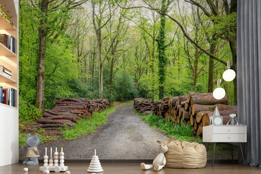 Woodland Harmony wall mural of a forest path with log stacks in a kids room with toys and a white dresser
