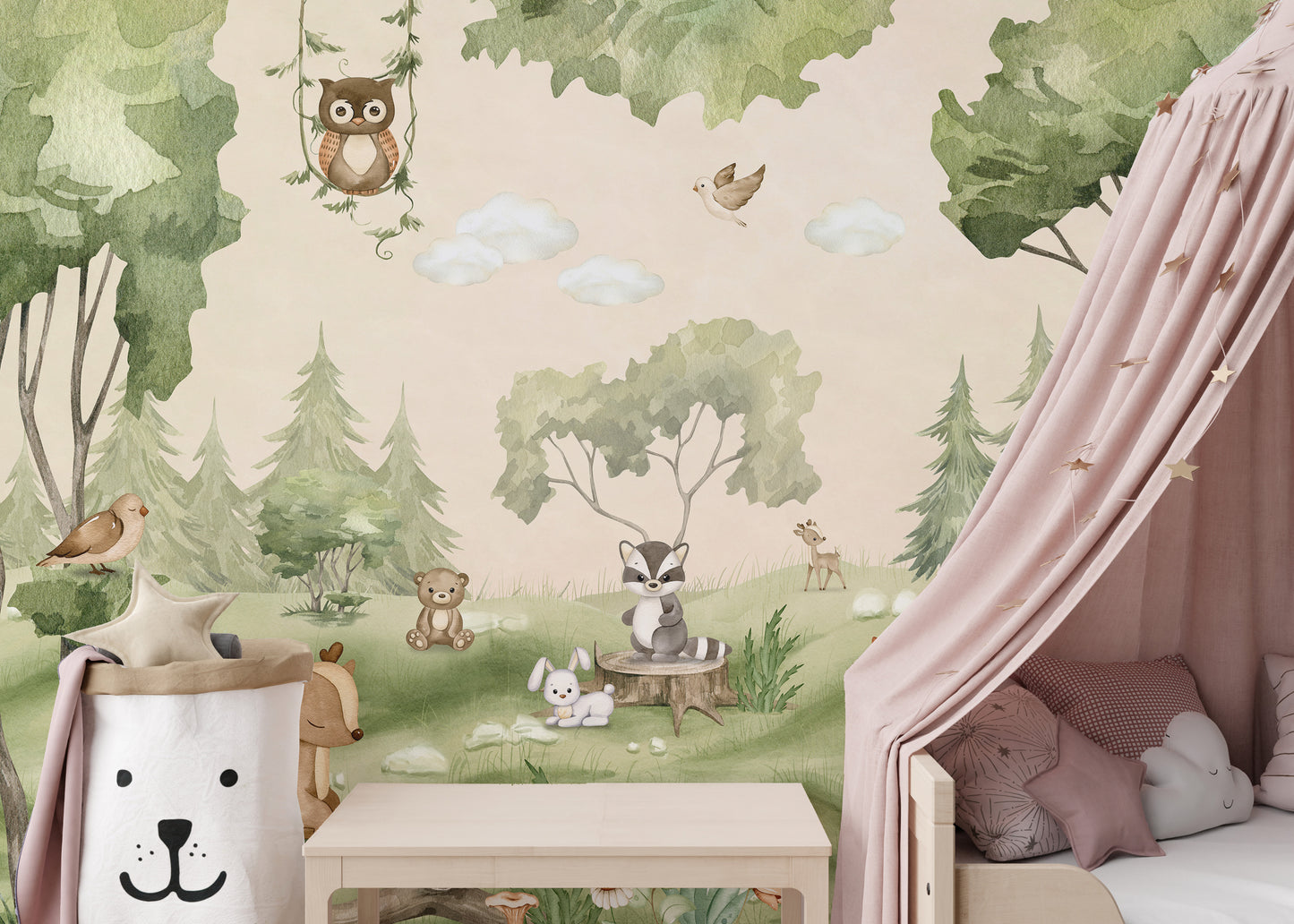 Woodland Joy Kids wallpaper mural with forest animals beside a pink canopy bed in a cozy kids room