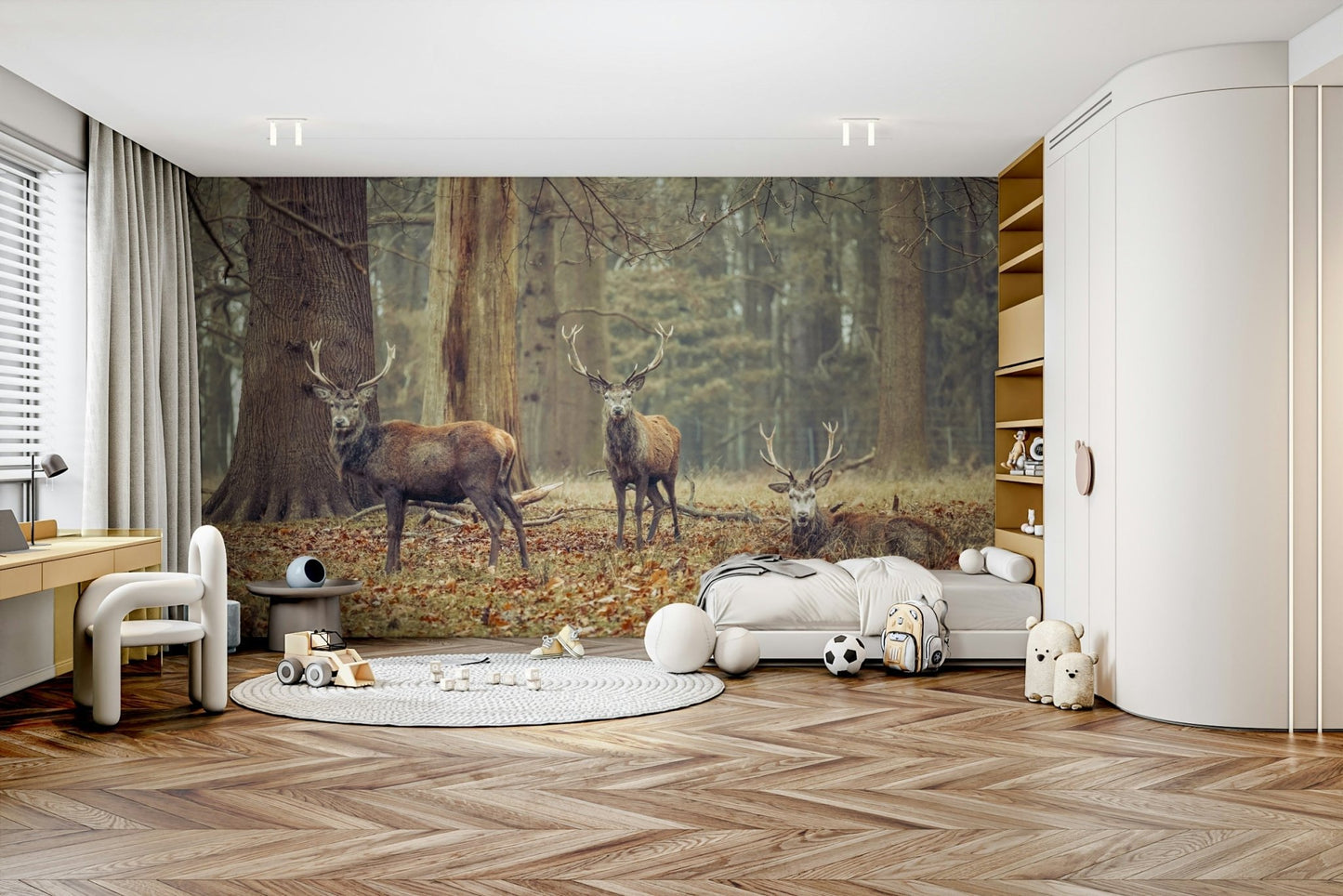 deer with antlers in a misty woods

