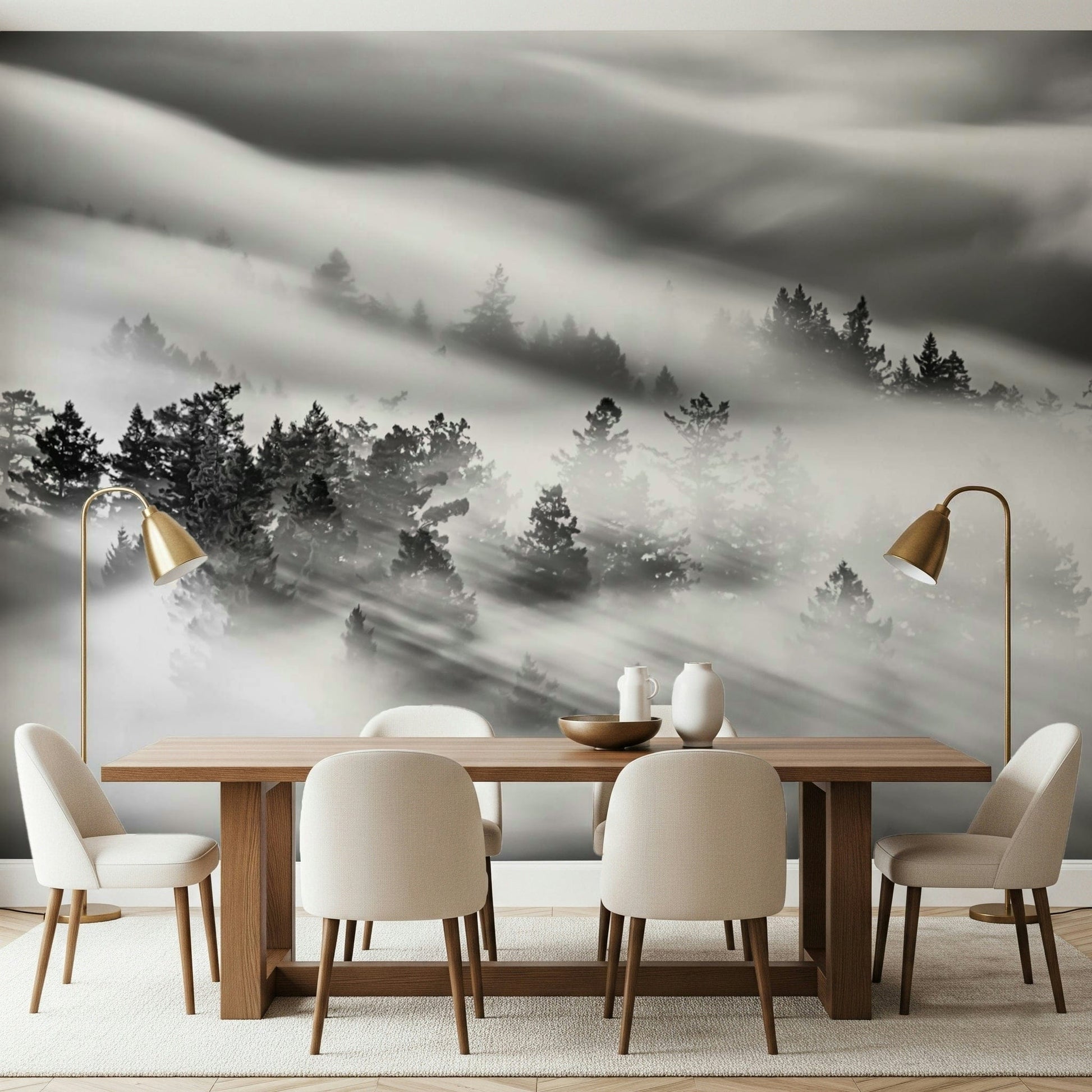 Dramatic light shafts on Woodland Mist Velocity mural art.