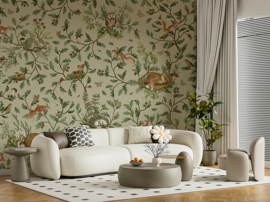 Dreamy woodland mural with soft greens and browns, evoking rest and imagination.