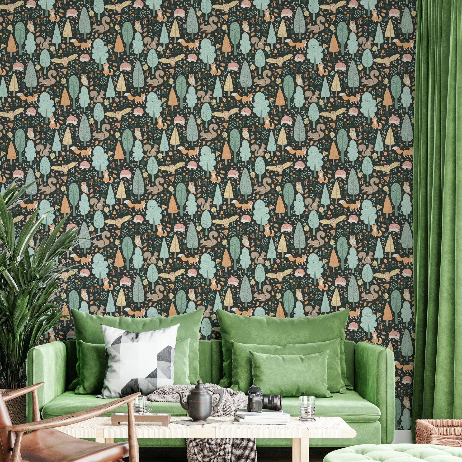 Playful forest animals on deep green background

