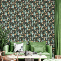 Playful forest animals on deep green background

