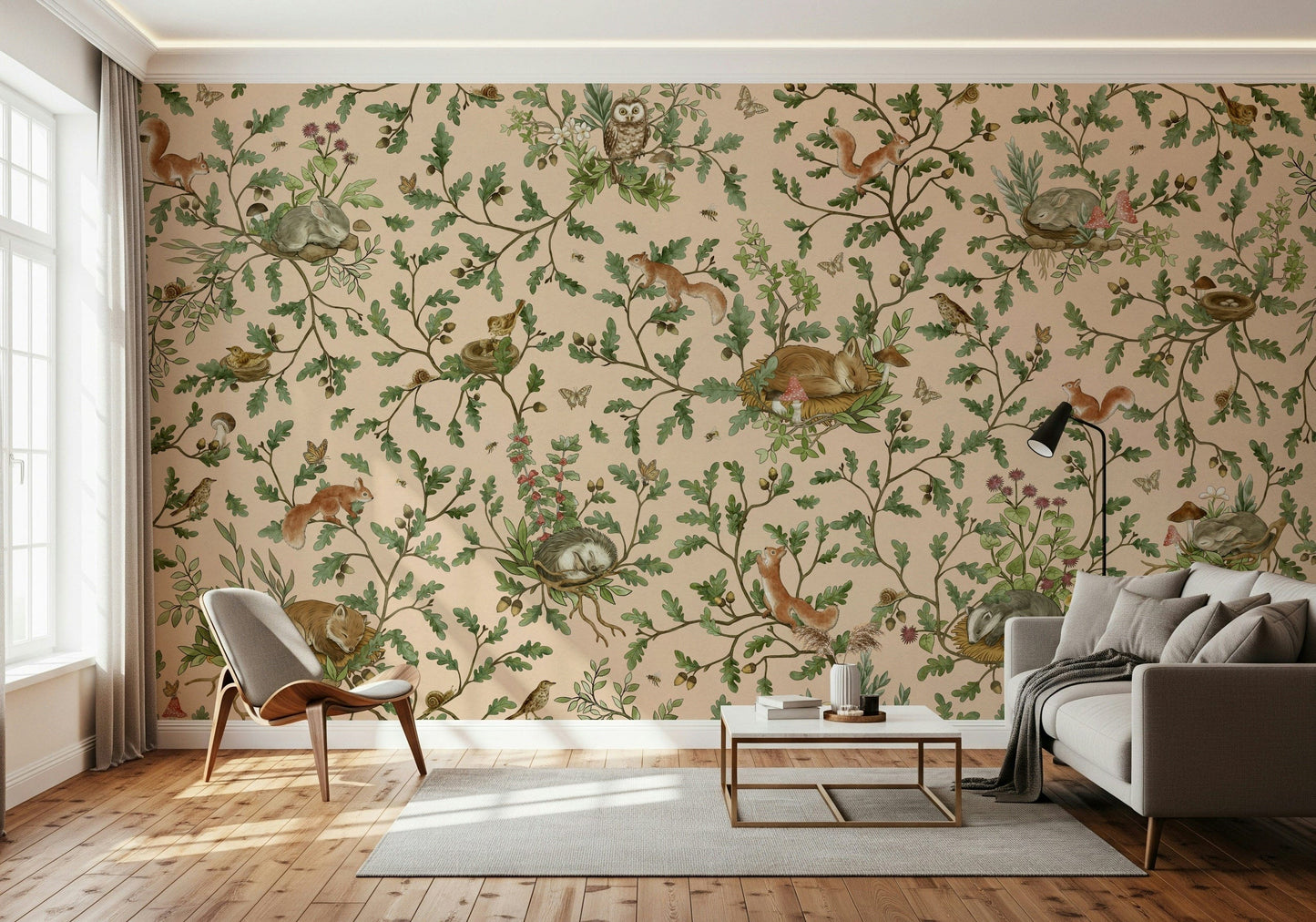 Tranquil forest mural highlighting oak trees and an inviting, natural setting.