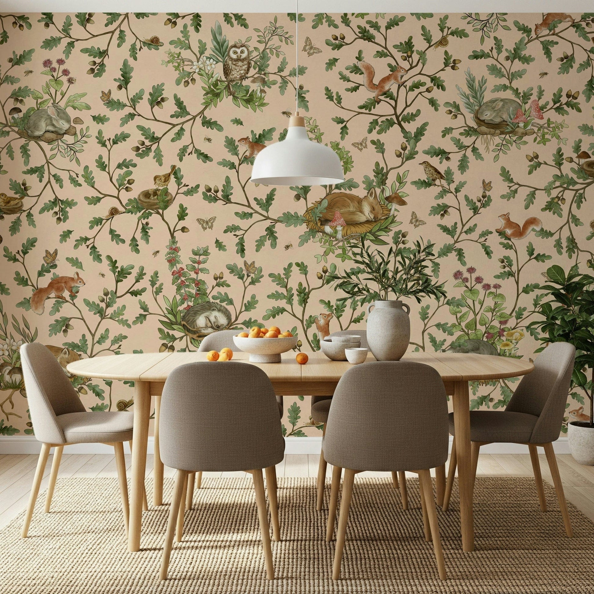 Elegant woodland mural capturing the timeless beauty of oak trees in their habitat.