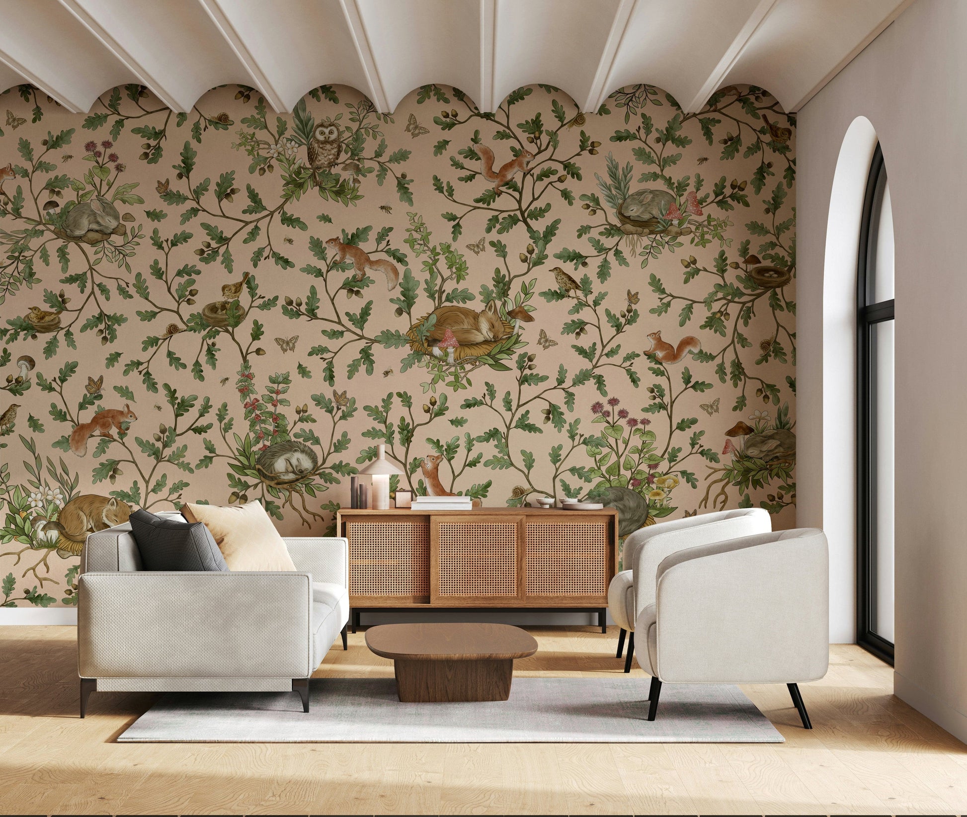 Serene forest scene in the Oak Haven Wall Mural with sun-dappled leaves.