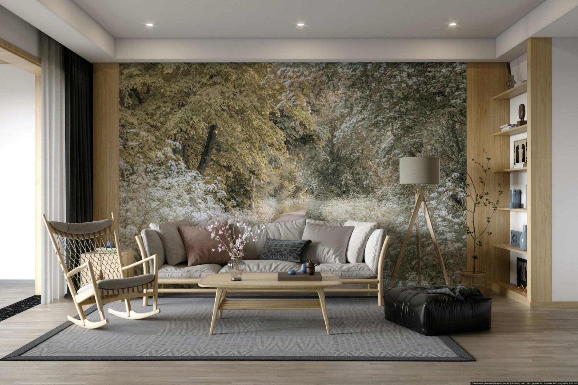 Wall mural with forest trail and flowers

