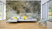 Wallpaper showing golden spring leaves and blooms

