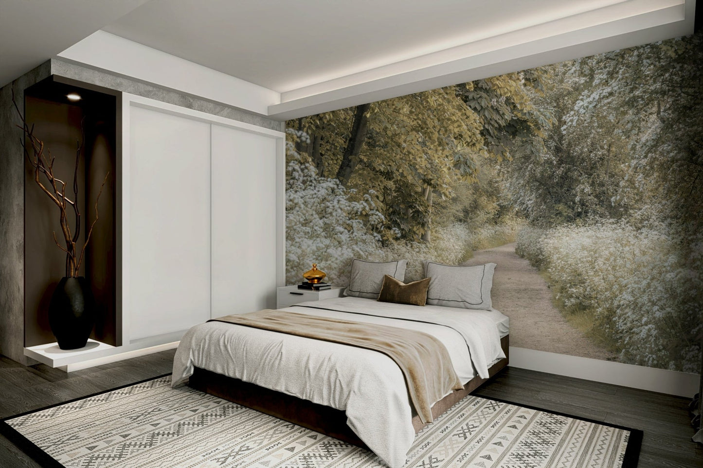 Tranquil mural wallpaper of woodland walkway


