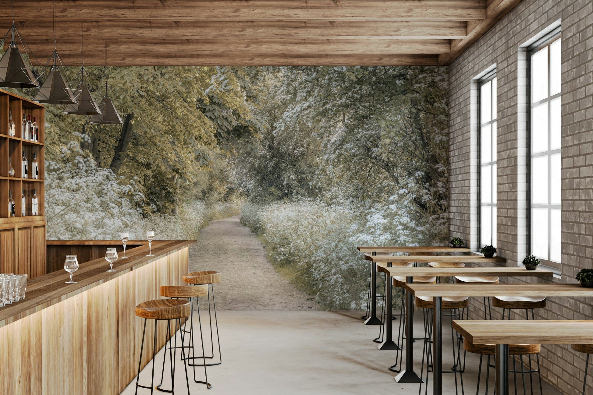 Floral woodland path mural in pastel tones

