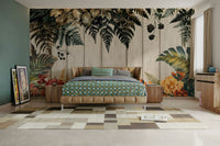 A wall mural of a fern forest with mushrooms.

