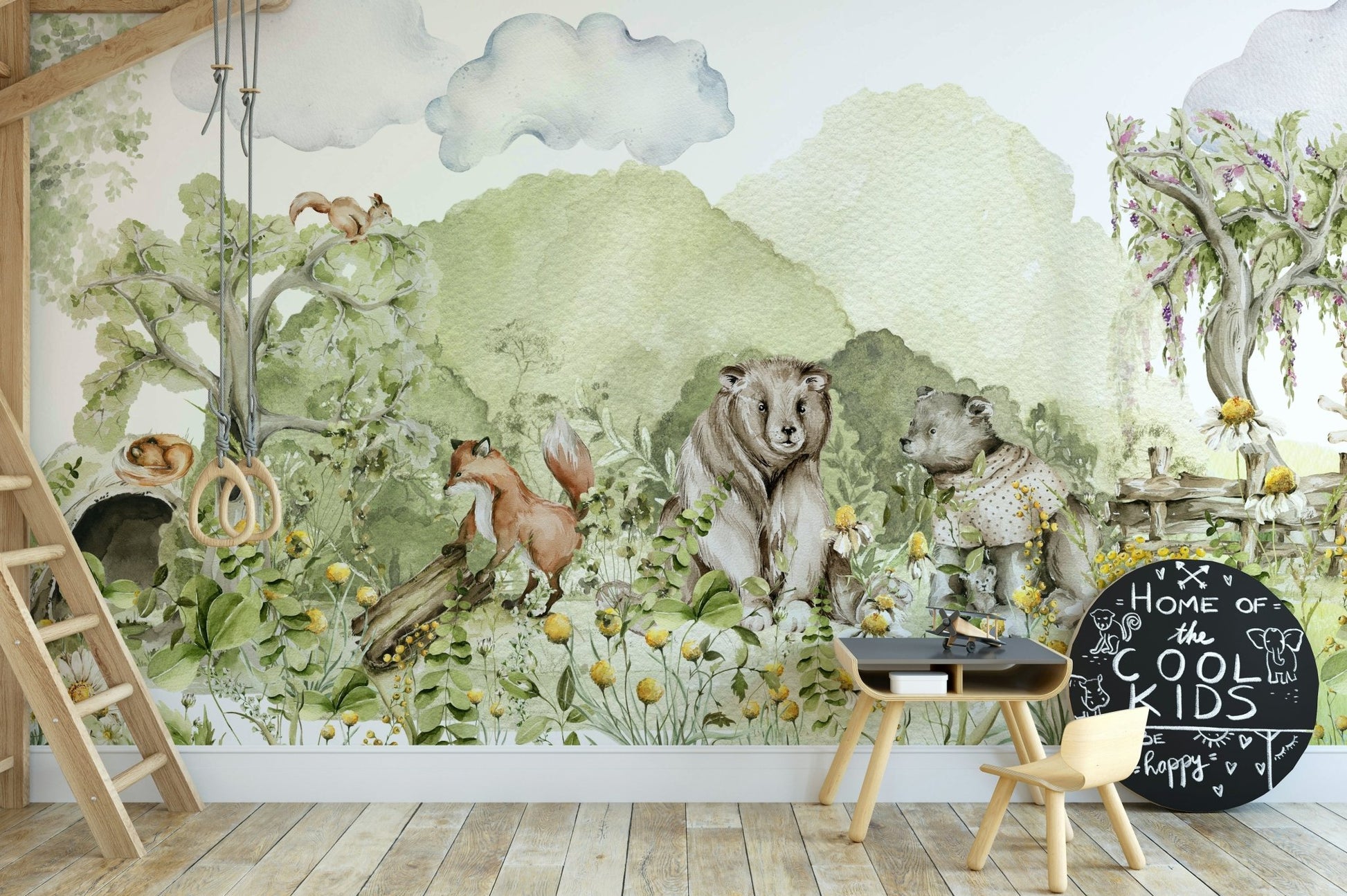 Design featuring whimsical bears, foxes, and bunnies.

