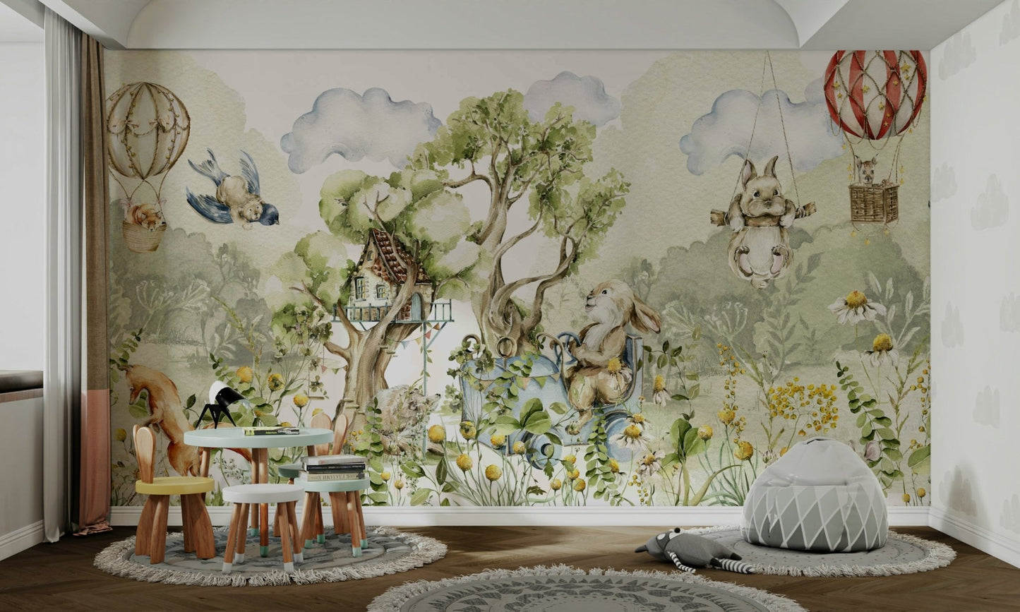 Wall mural showing a whimsical and fanciful forest scene.


